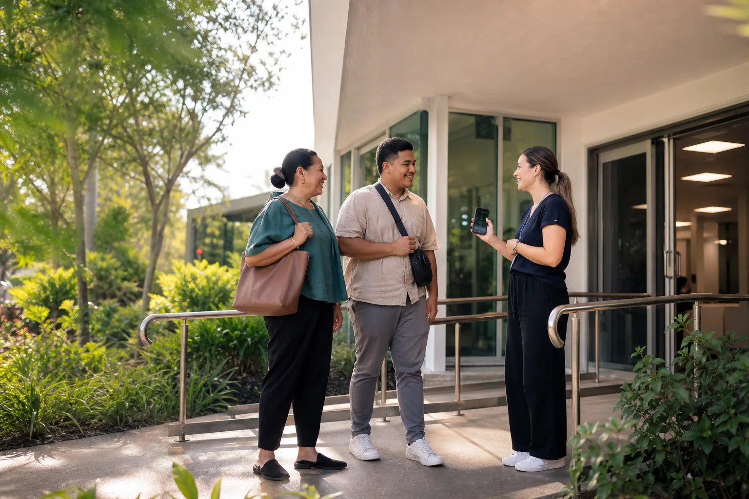 Participant from a culturally diverse family meeting a support worker at an accessible Brisbane entrance