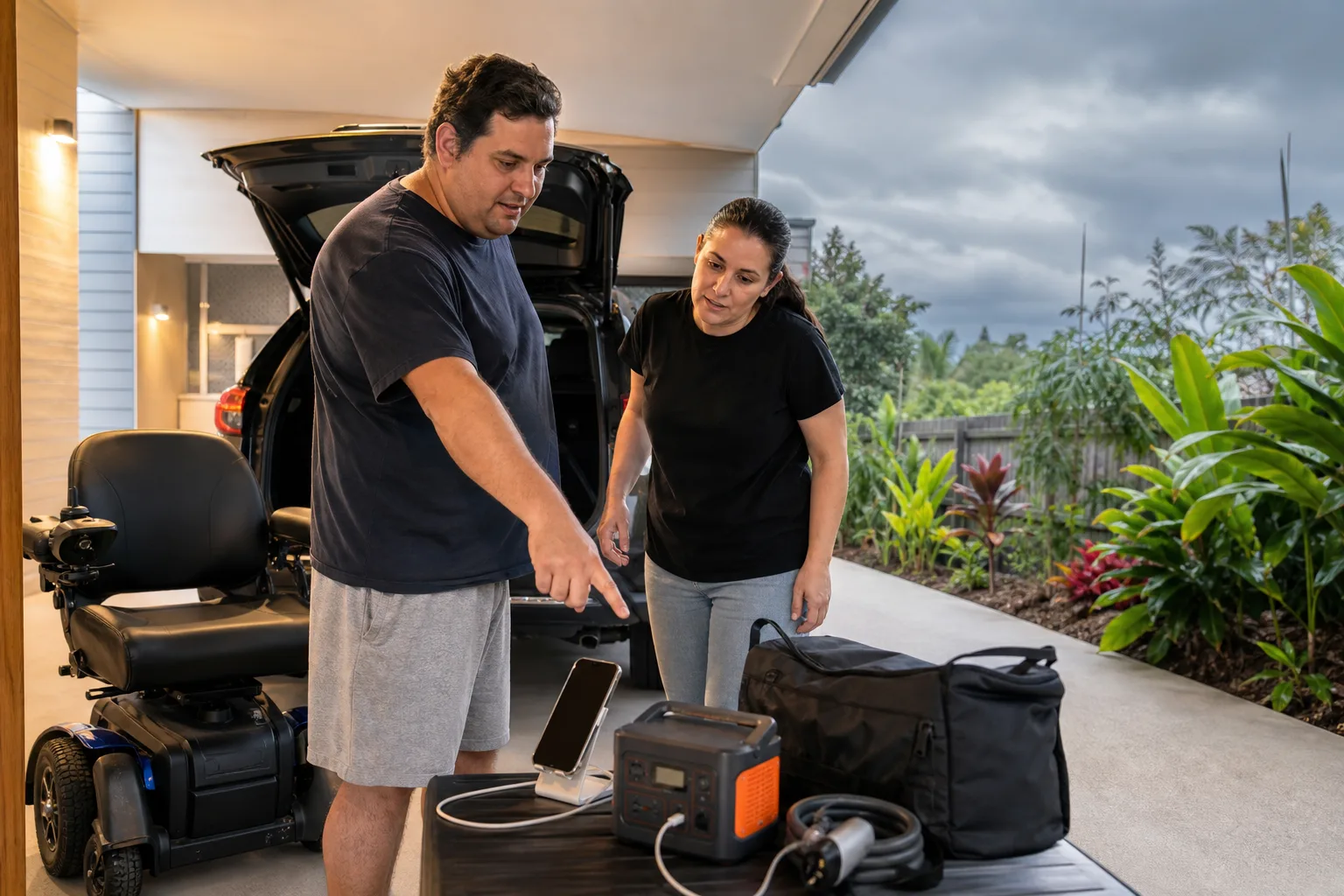 Participant and support worker checking emergency supplies and backup power at an accessible Brisbane home.
