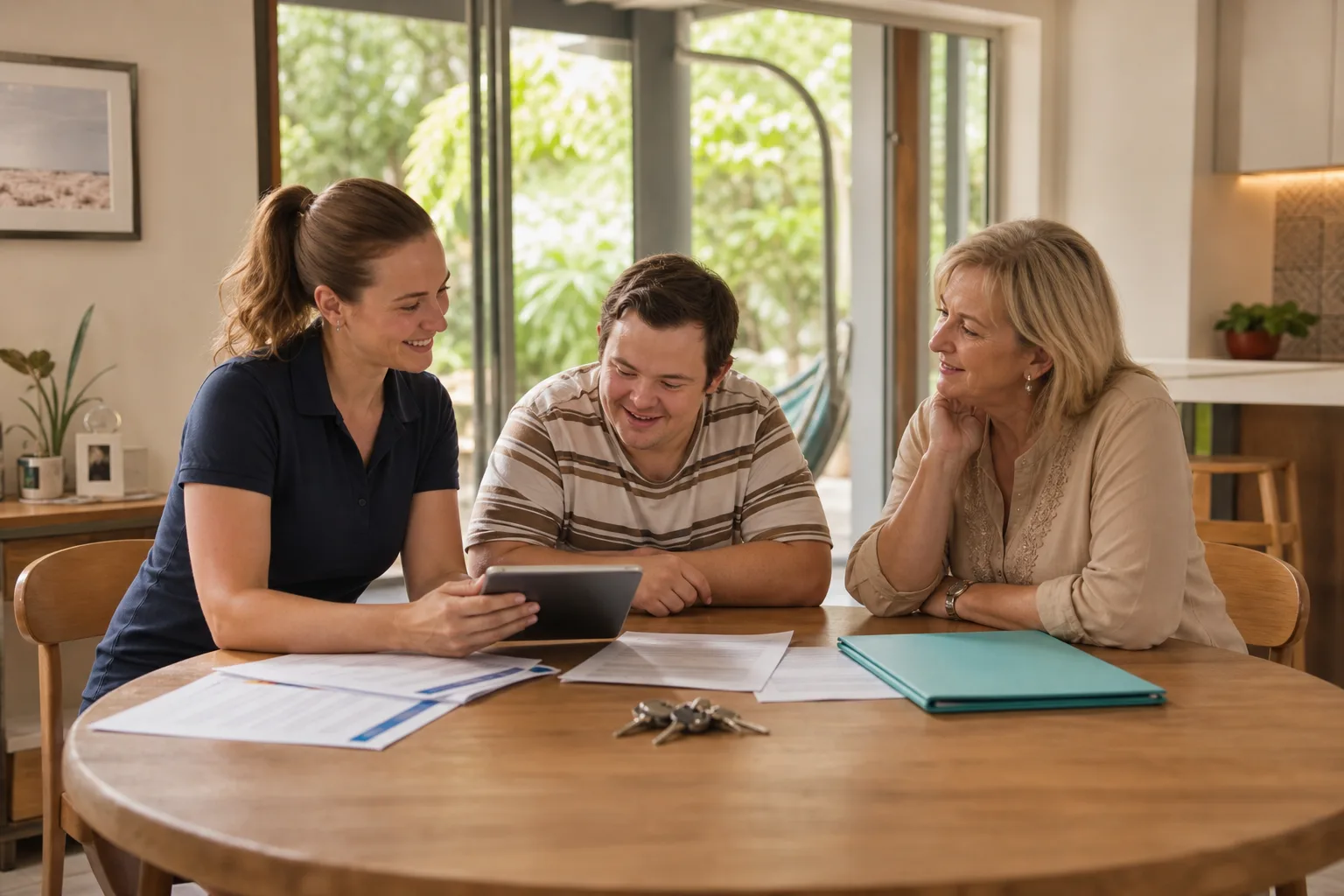 Participant, family member and support worker comparing a SIL provider checklist in a bright Brisbane home