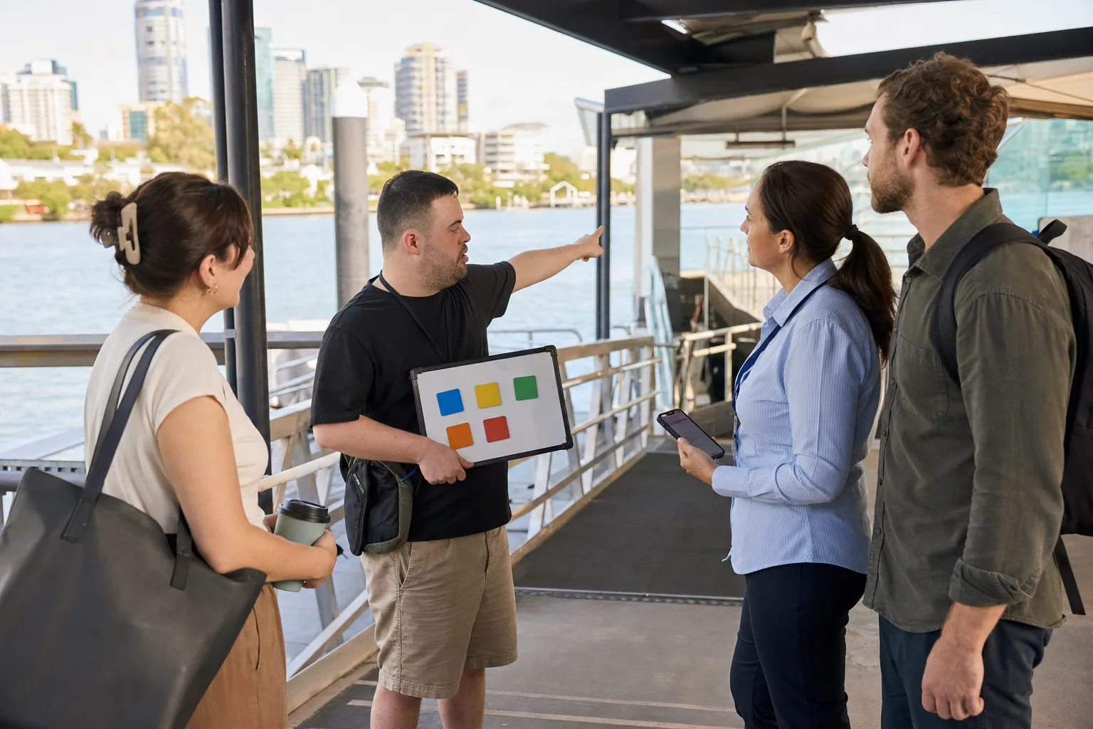 Brisbane participant coordinating a community outing with several support providers at an accessible ferry terminal.