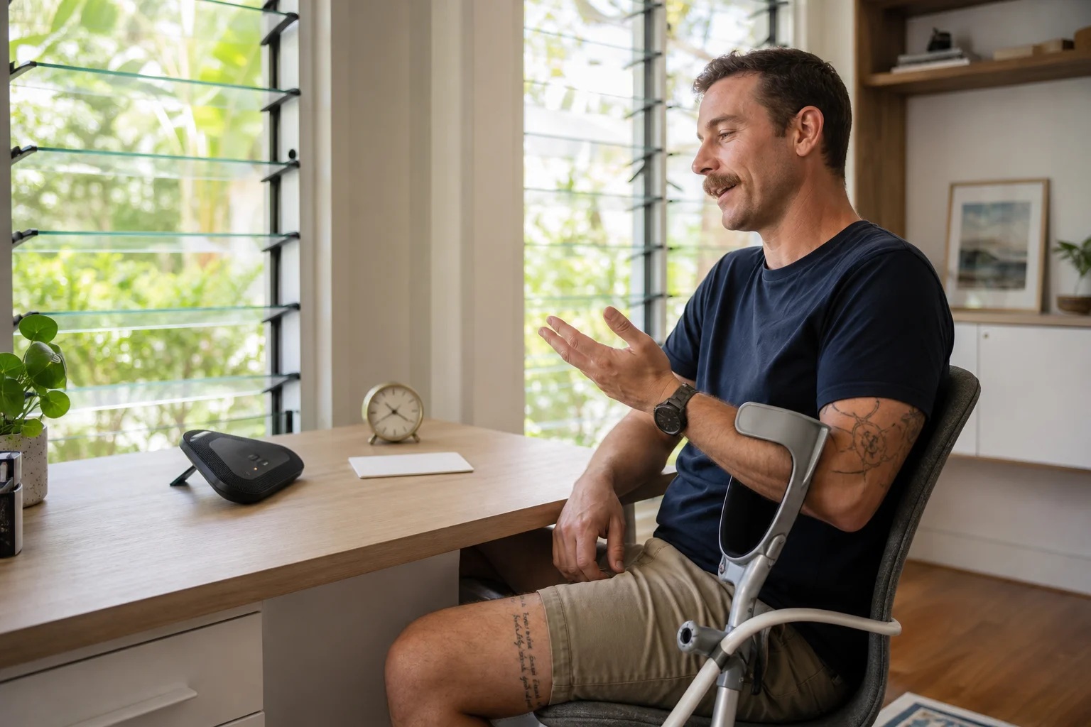 Illustrative participant using a speakerphone in a bright North Brisbane home study, with a forearm crutch and clock nearby.