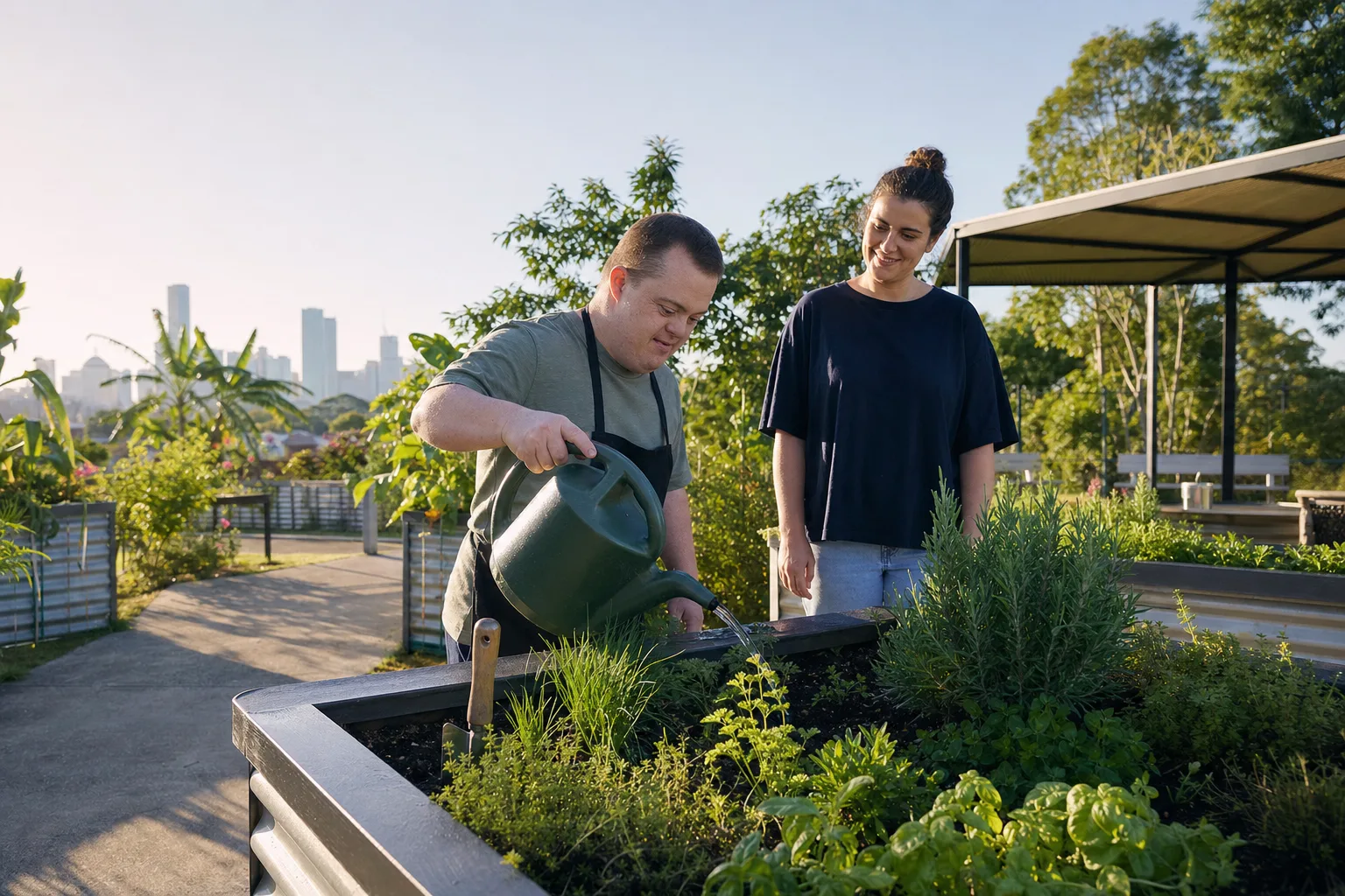 Participant and support worker gardening together on an accessible community outing in Brisbane.