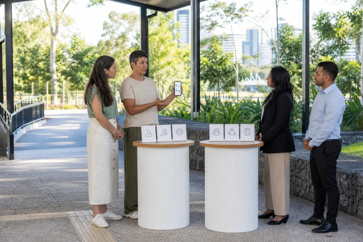 Brisbane participant comparing provider options at an accessible community information pavilion with a trusted family member.