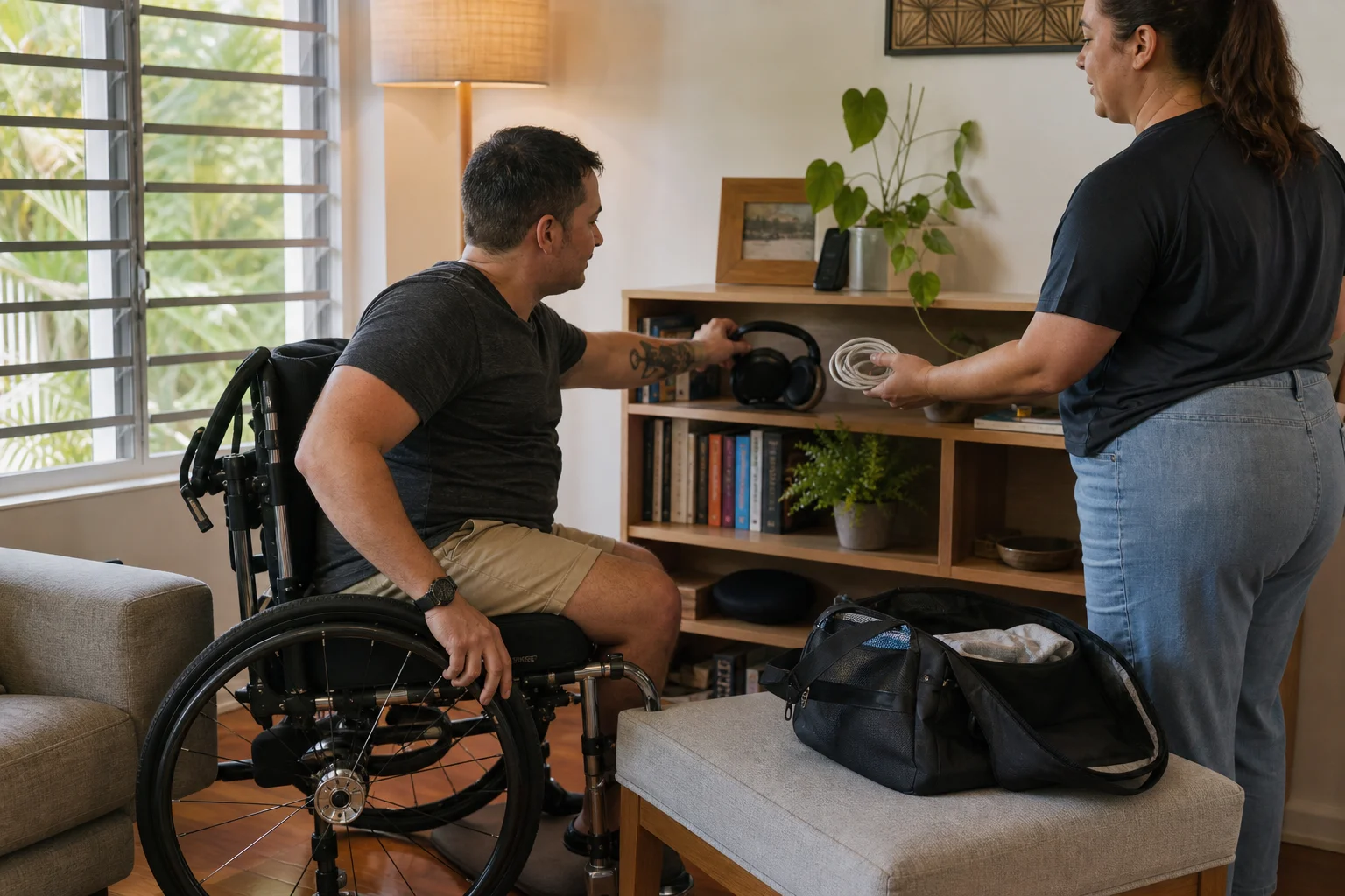 Illustrative wheelchair user unpacking headphones beside an overnight bag at home while a support worker offers a charger.