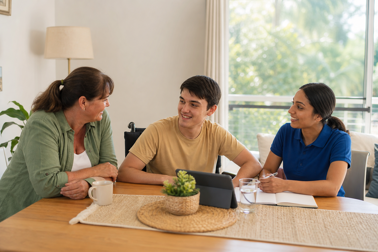 Participant, carer and support worker planning short-term respite in a bright Brisbane home