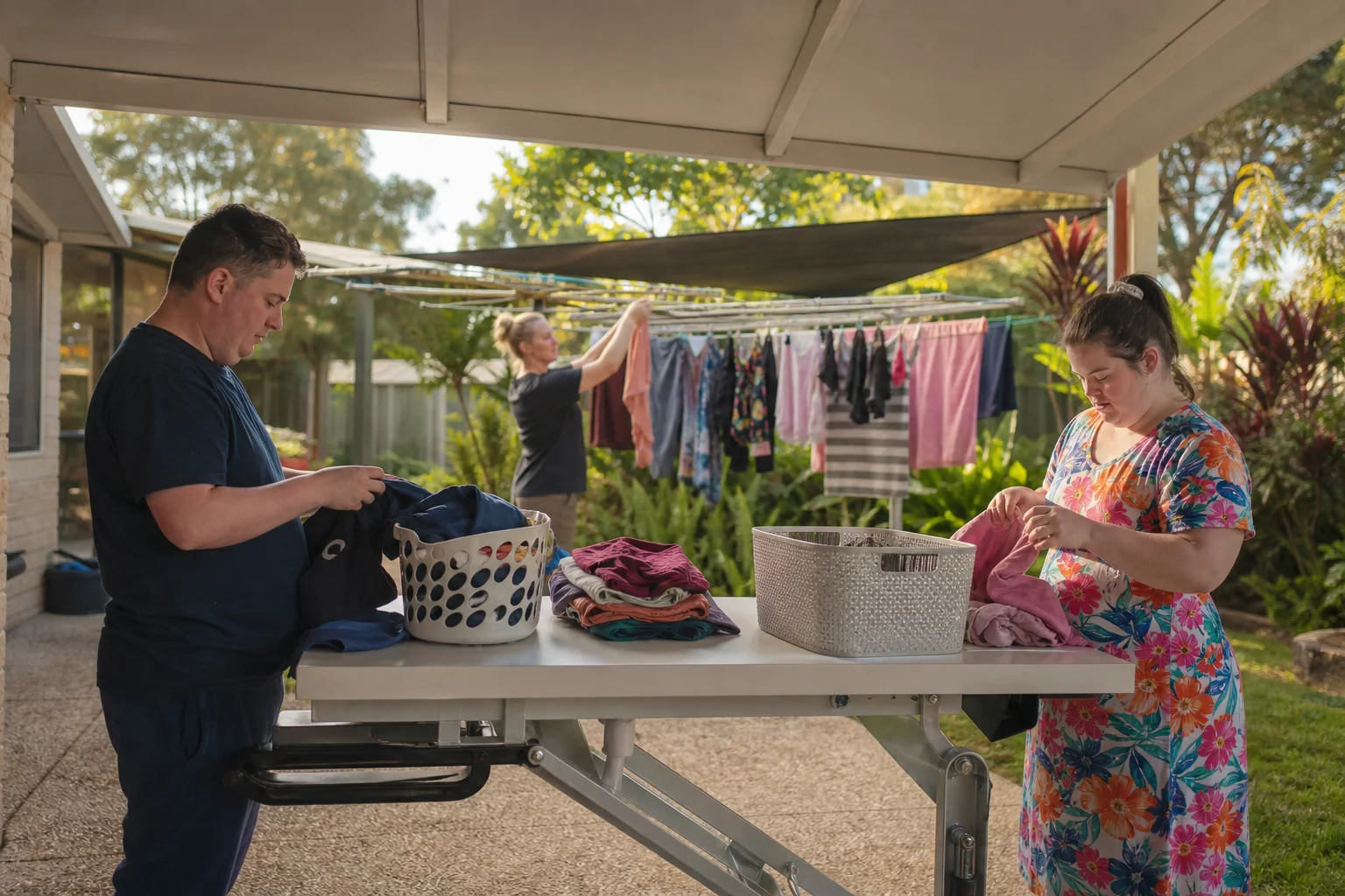 Two prospective SIL housemates comparing everyday laundry routines in an accessible North Brisbane shared home.