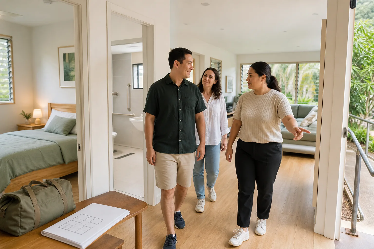Participant and family member walking through an accessible North Brisbane home while comparing SIL and respite pathways