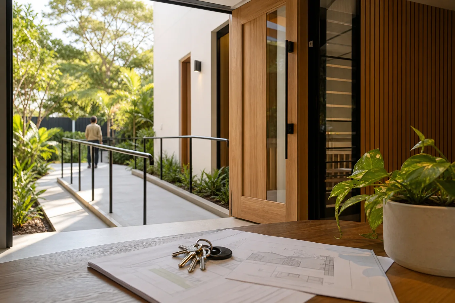 Accessible Brisbane home entrance with housing plans and keys representing SIL and SDA choices