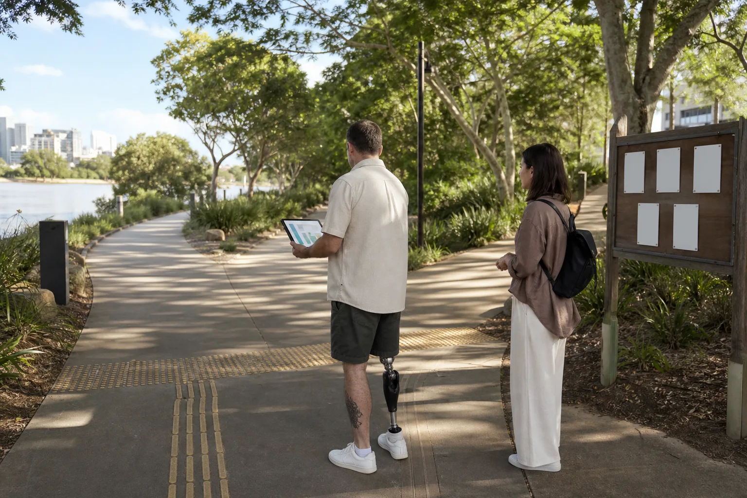 Participant reviewing progress and next directions with a support coordinator on an accessible Brisbane riverside path.