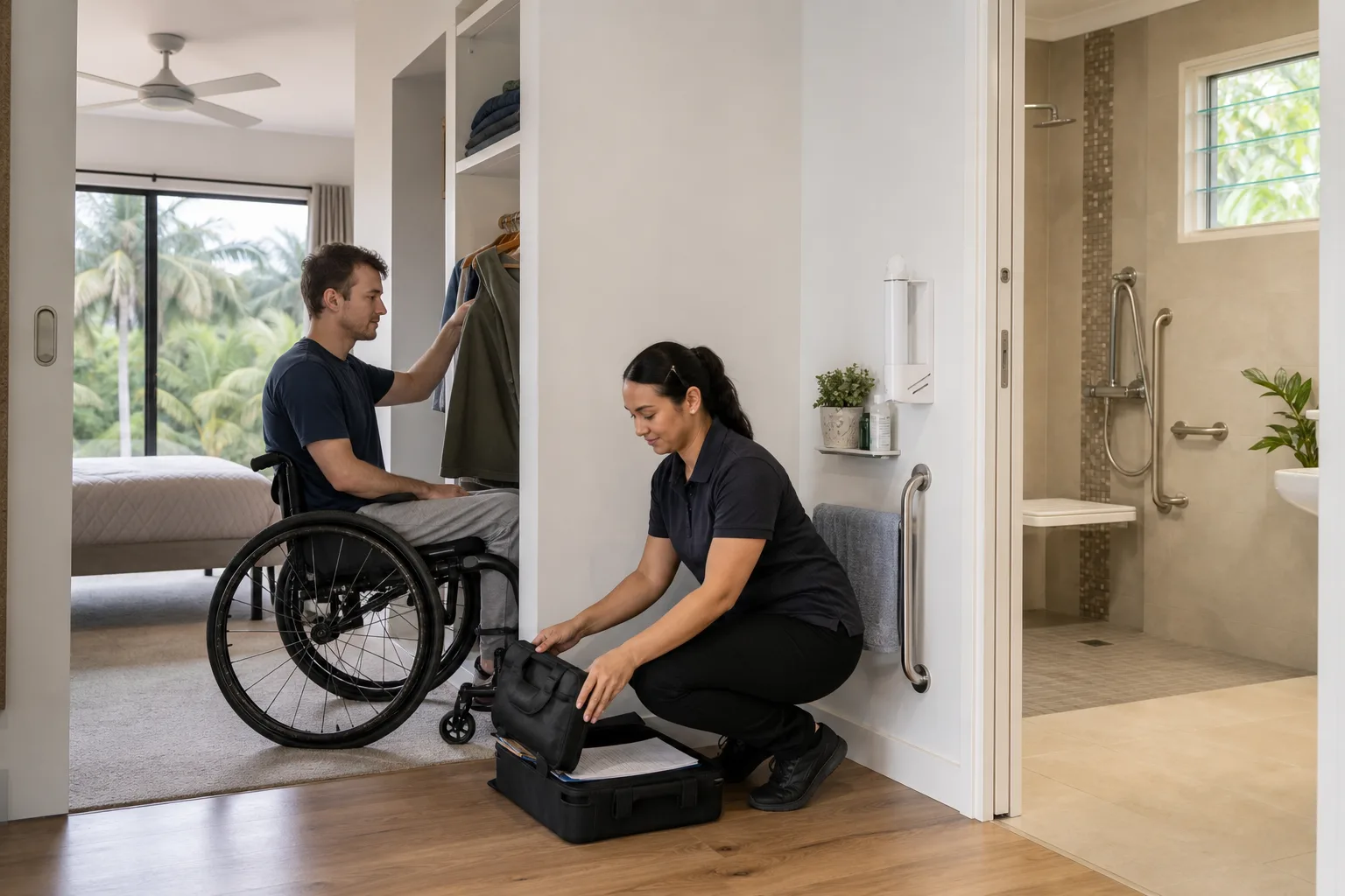 Participant and support worker preparing safely for high-intensity support in an accessible Brisbane home
