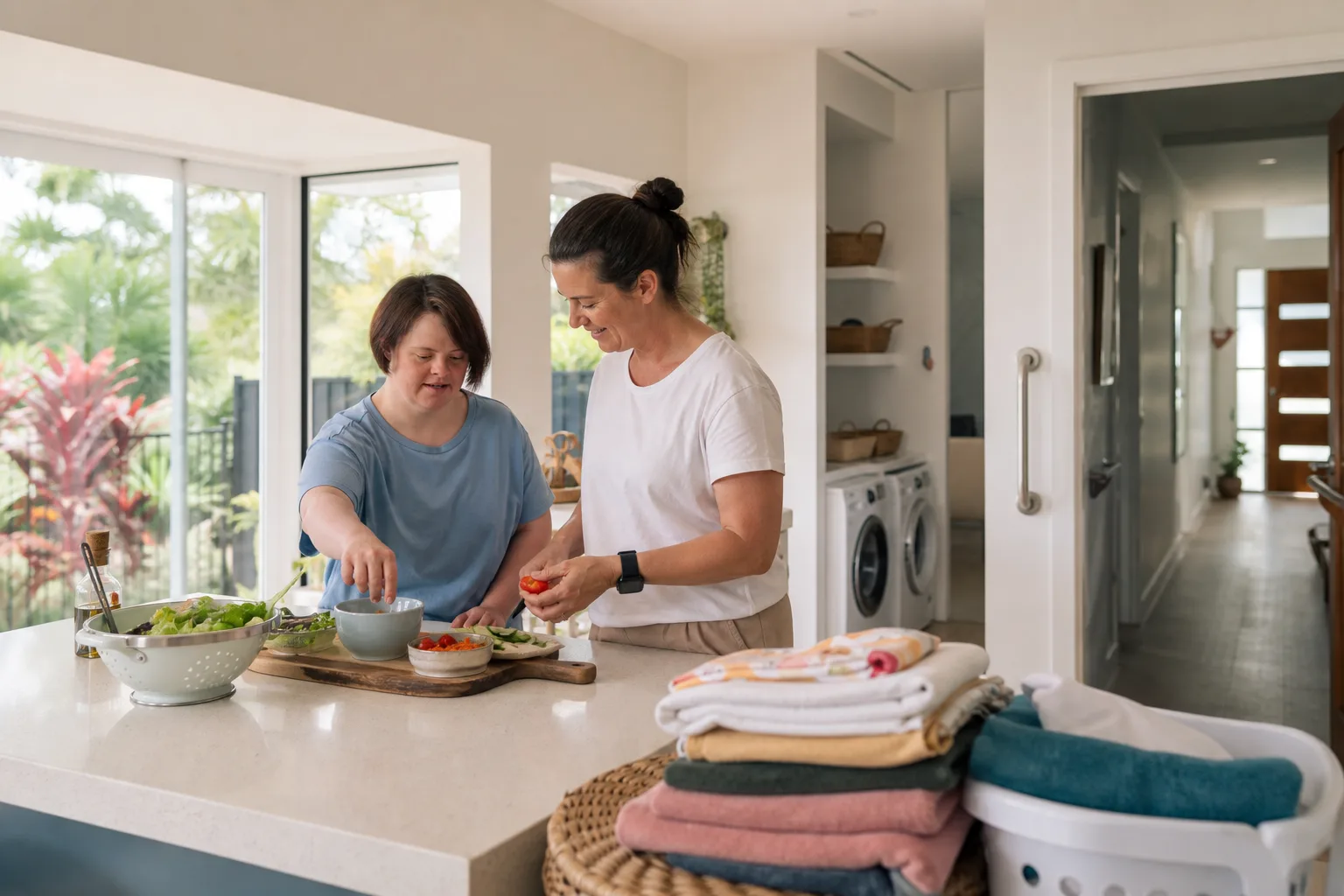 Participant and support worker completing a daily living routine in an accessible Brisbane home