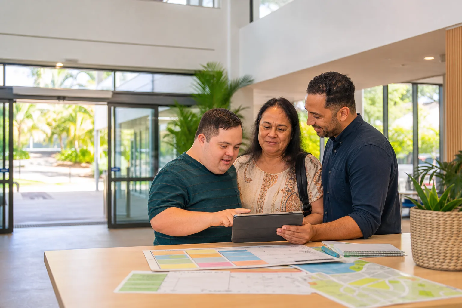 Participant and support coordinator planning NDIS services in a bright Brisbane community setting