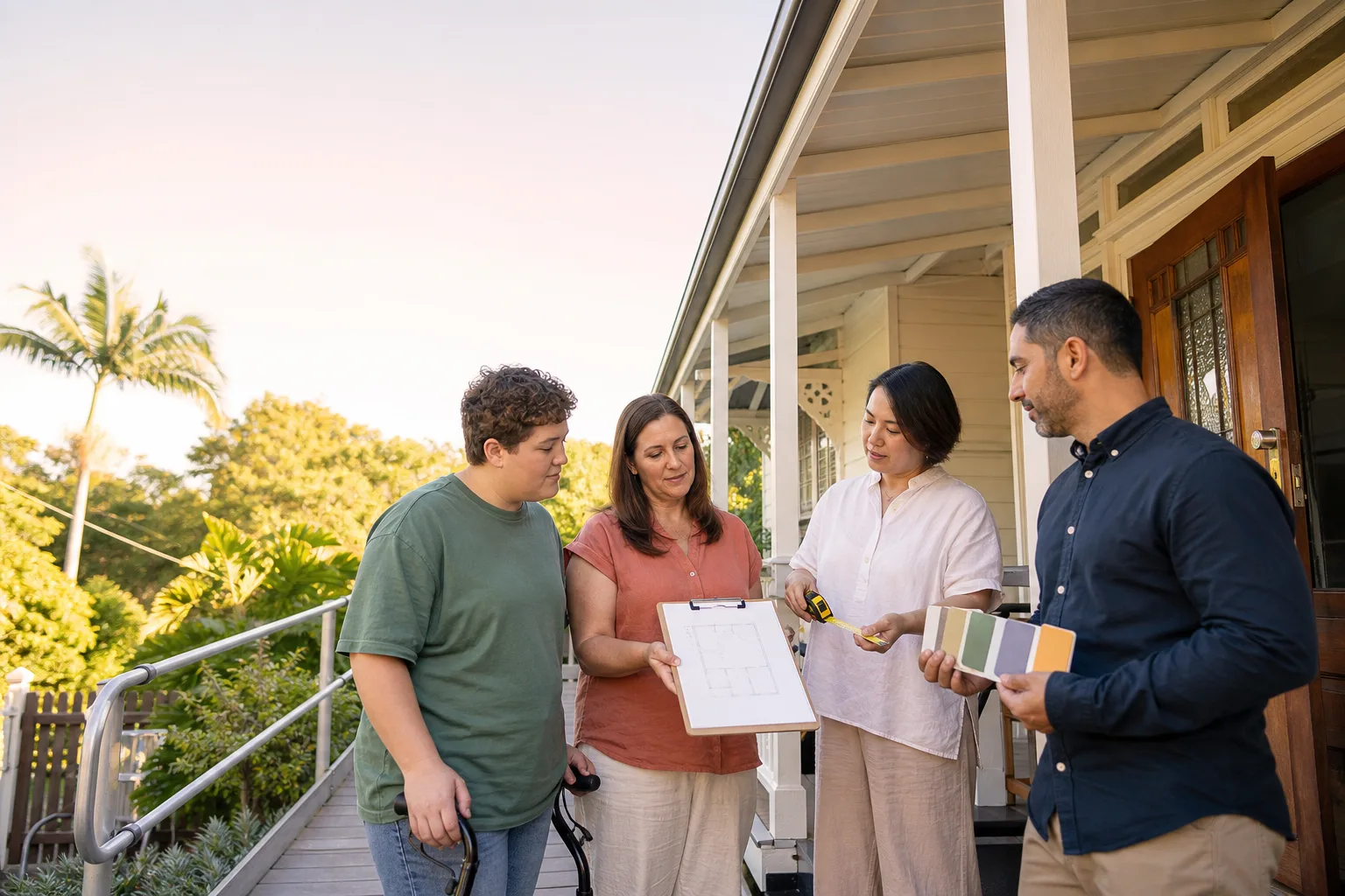 Participant, family member and professionals preparing SIL evidence beside an accessible Brisbane home ramp