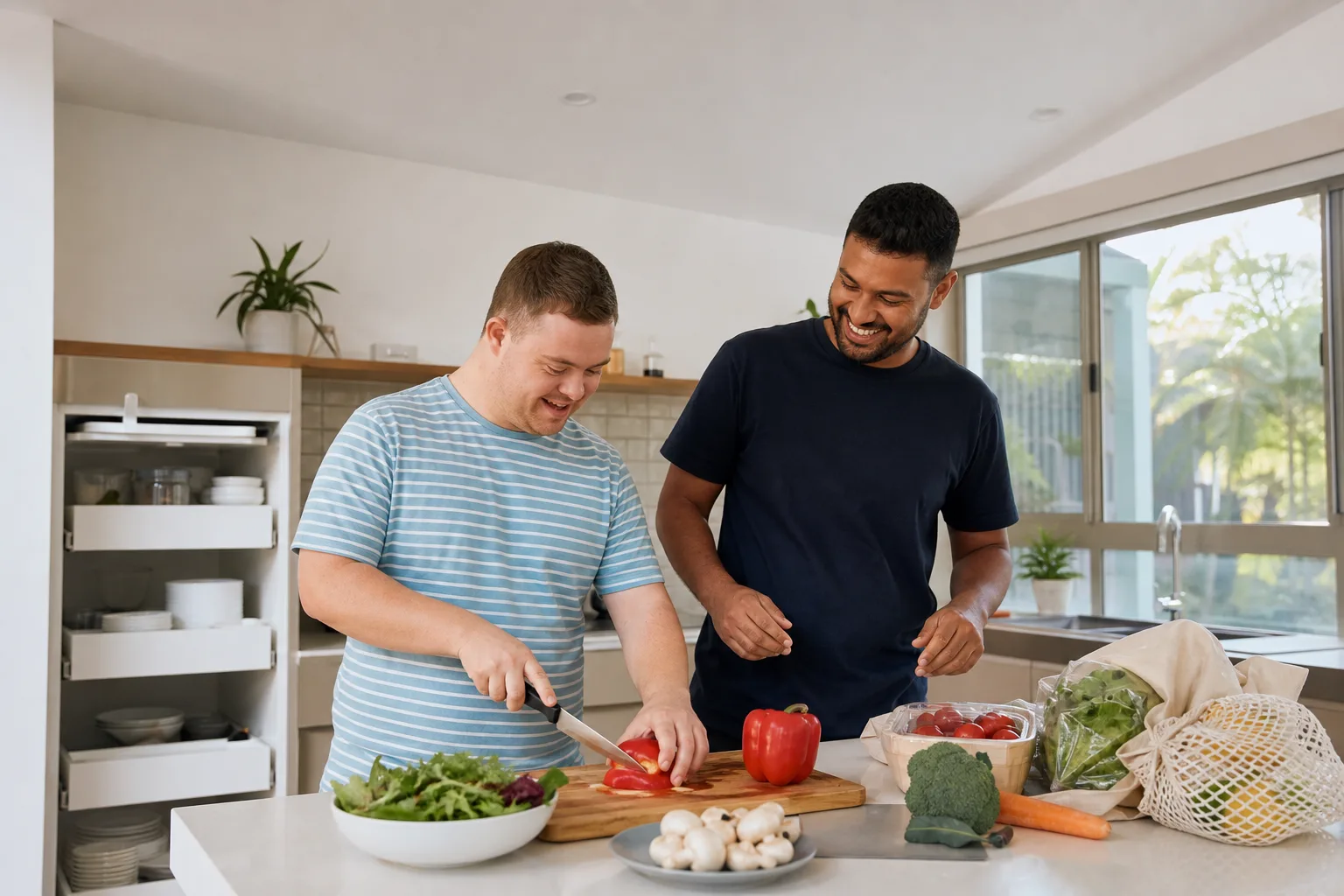 Participant and support worker preparing a daily routine together in a bright Brisbane kitchen