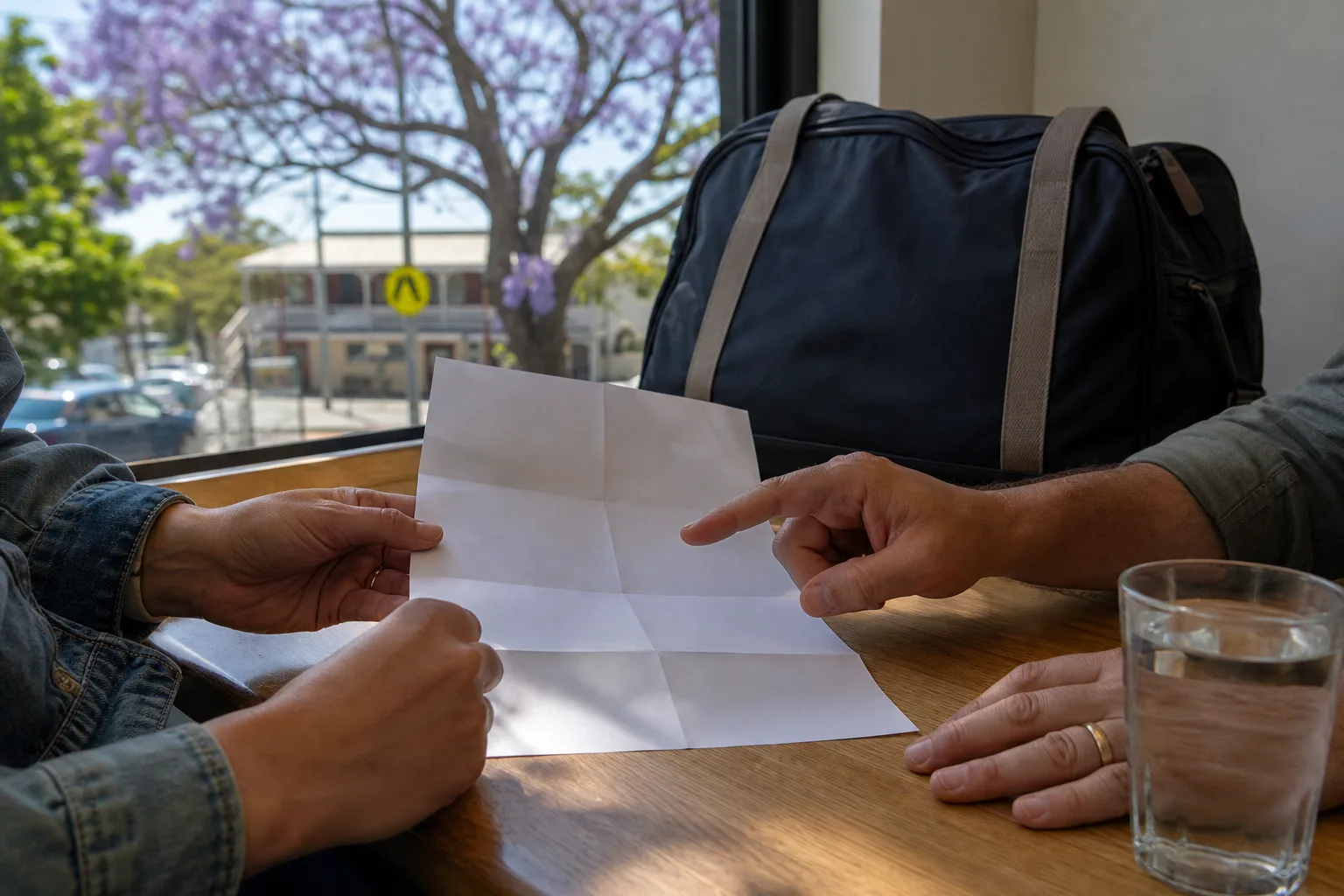 Illustrative scene of two people reviewing a paper beside an overnight bag at a Brisbane cafe; no real Tibii participant or premises is shown.