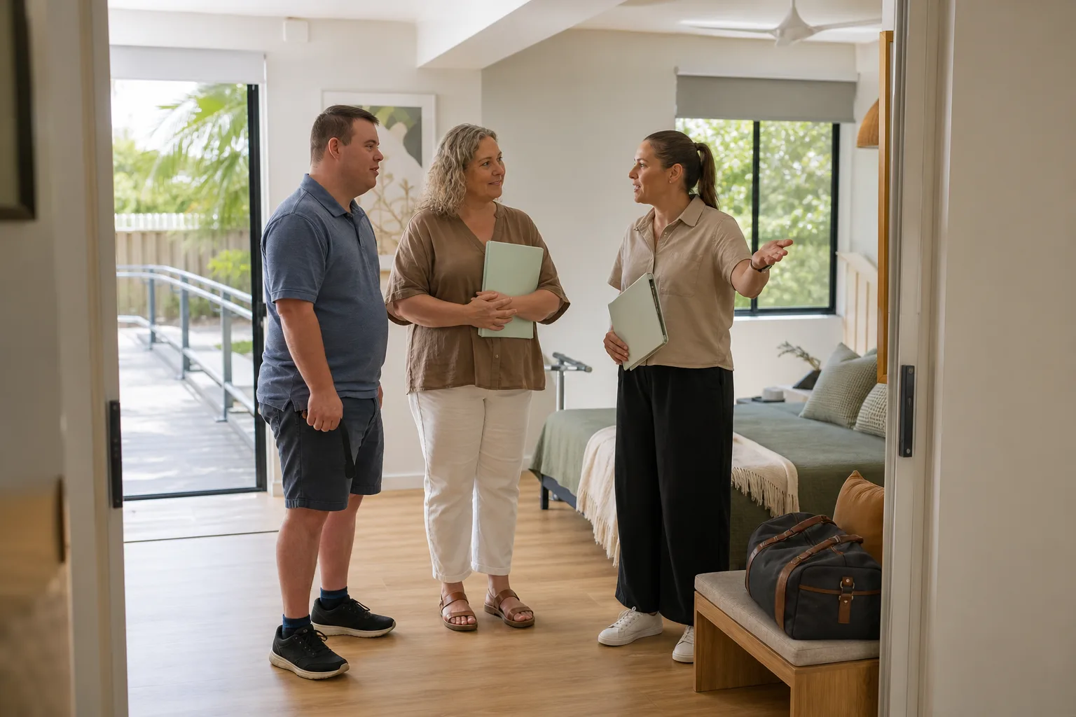 Participant and family carer completing a respectful Brisbane respite handover at an accessible entrance