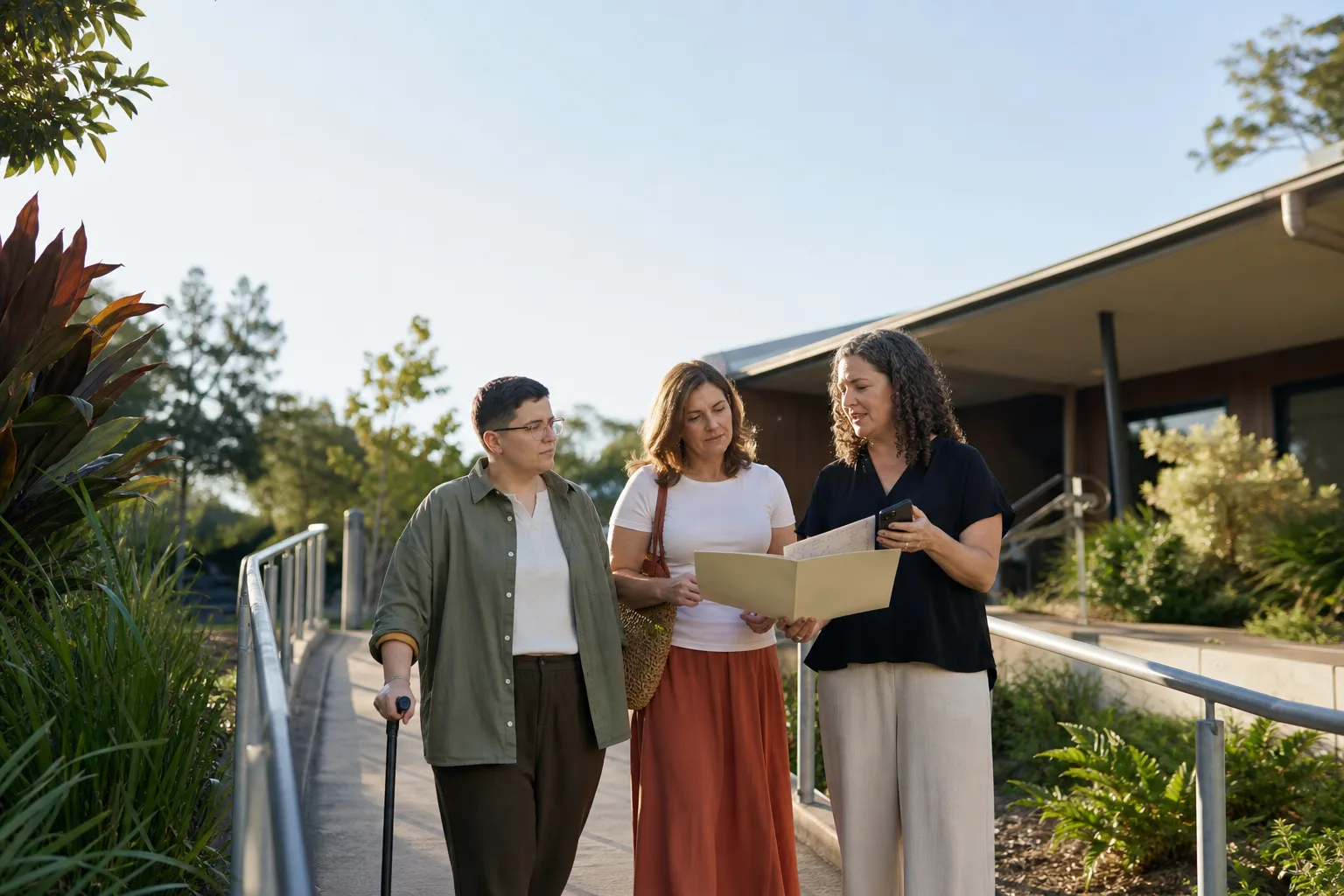 Participant and specialist support coordinator reviewing a transition plan near an accessible Brisbane community entrance