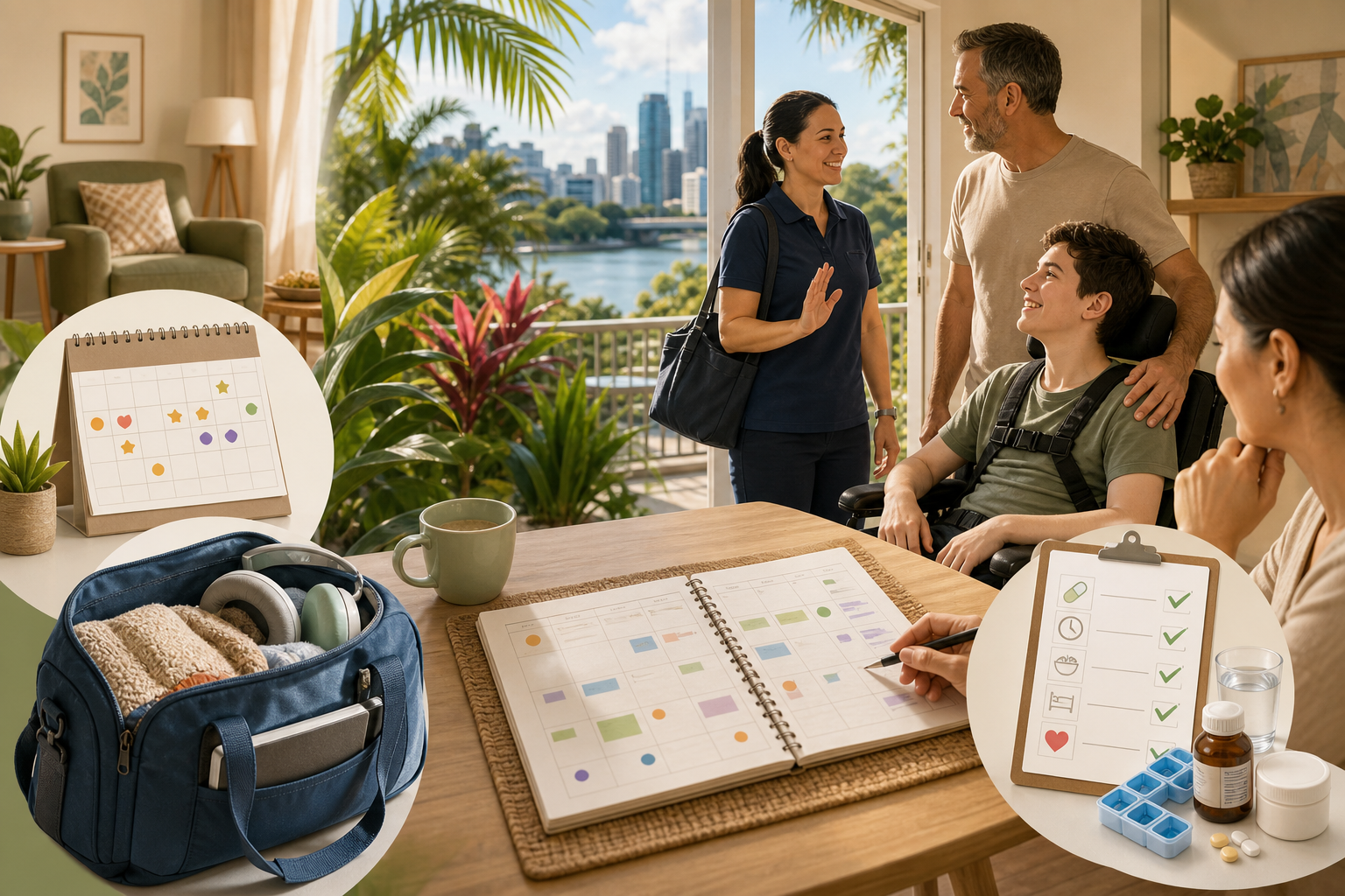 Illustrated short-term respite planning scene with calendar, overnight bag and support checklist